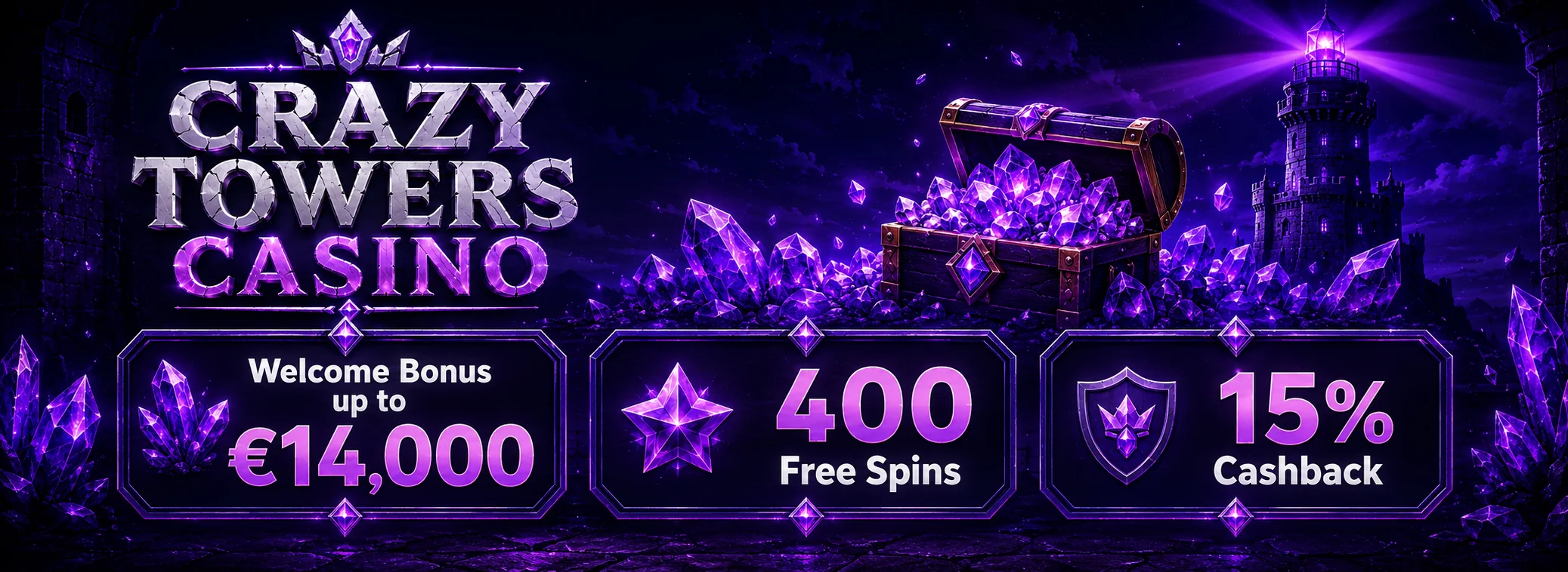 Crazy Towers Casino tower with a violet beacon over the €14,000 welcome package