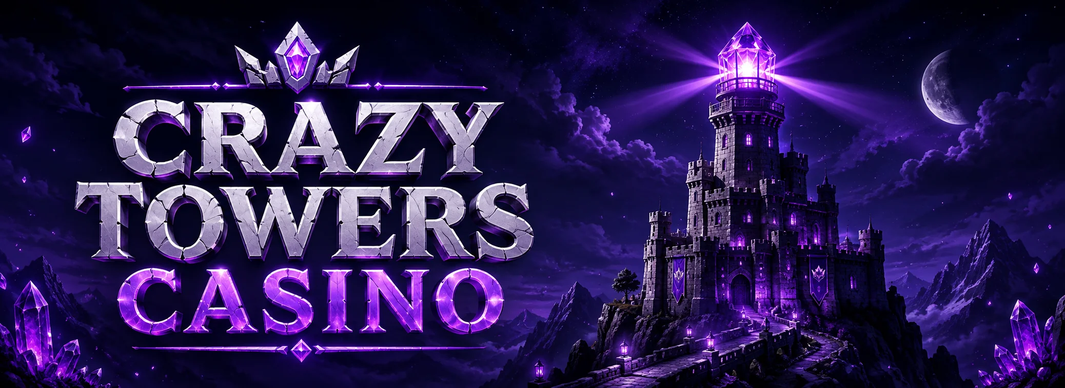 Crazy Towers Casino tower with a violet beacon over the €14,000 welcome package